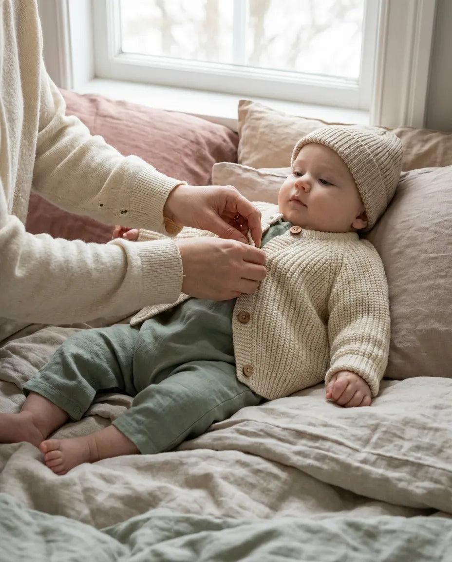 Parent dressing a baby in soft Archive clothing